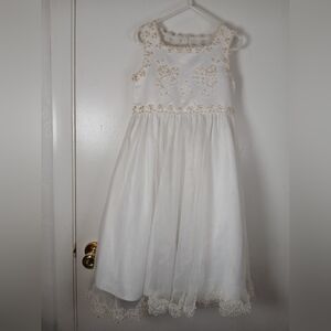 Girls Cinderella Formal Dress White Embroidered Beaded Bow Back Size 5 Easter